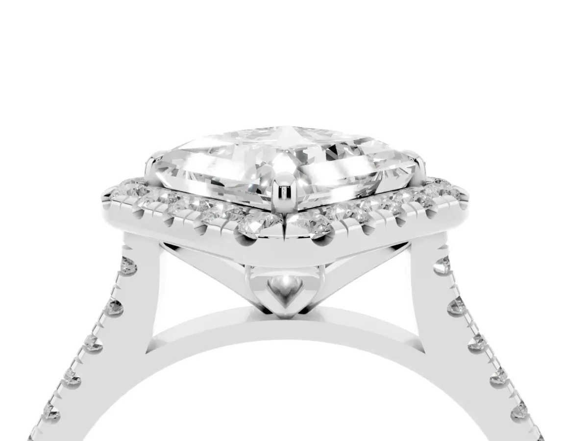 Princess Cut Diamond Cushion Halo Ring with Pavé Band Silver