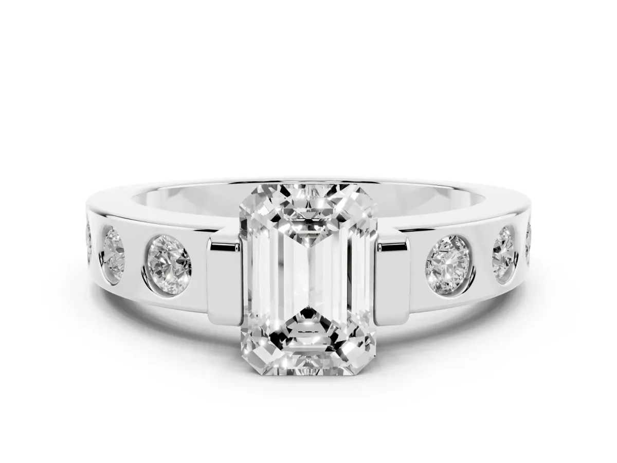 Emerald Cut Brilliant Channel-Set Diamond Ring with Bezel Prong Setting Silver