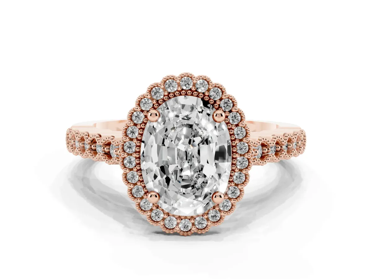 Oval Cut Cut Halo Pavé Solitaire Ring with Milgrain Band Rose gold
