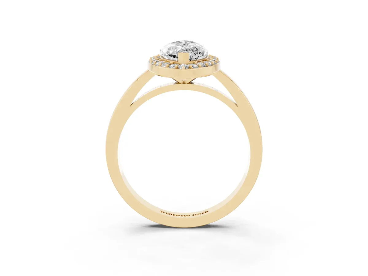 Marquise Cut Halo Diamond Ring with Solitaire Band and Prong Setting Yellow gold