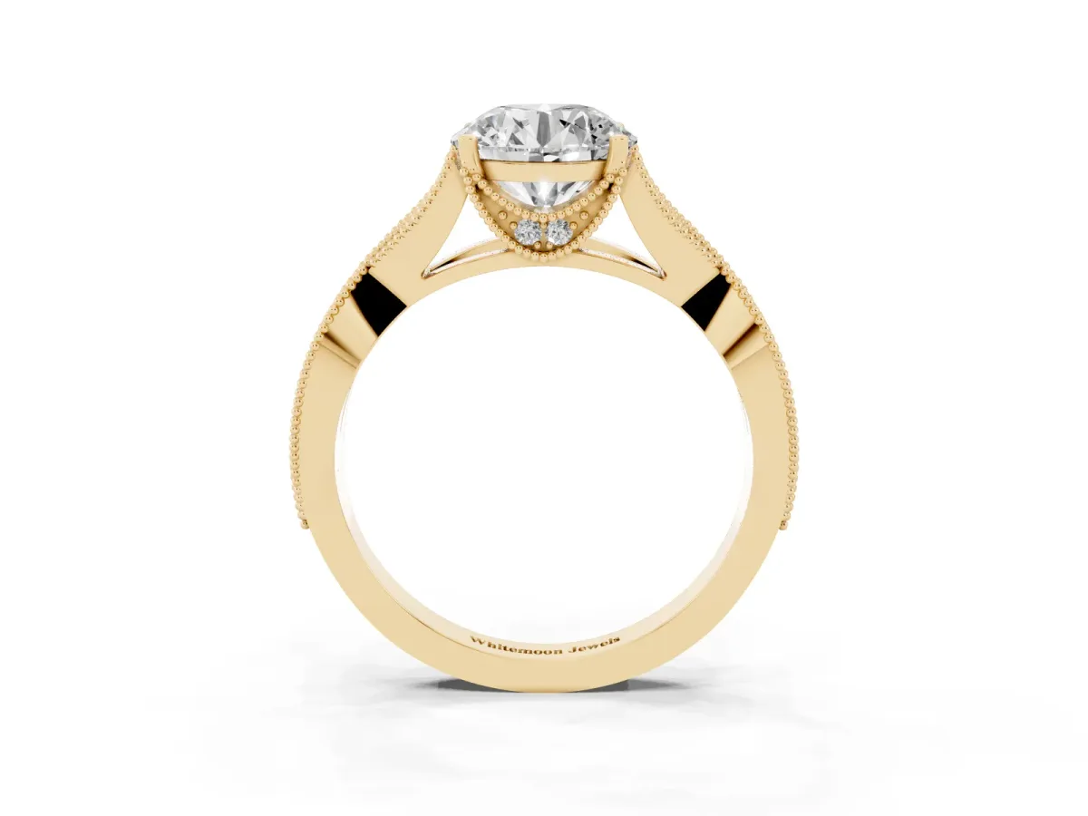 Round Cut Cut Diamond Twisted Band with Milgrain Pave Setting and Four-Prong Setting Yellow gold