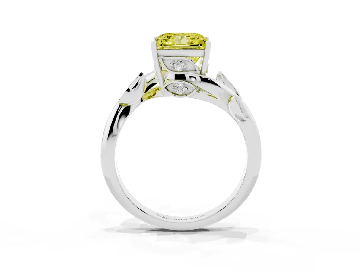 Fancy Yellow Princess Cut Solitaire Twist Engagement Ring with Leaf Accents and Prong Setting Silver