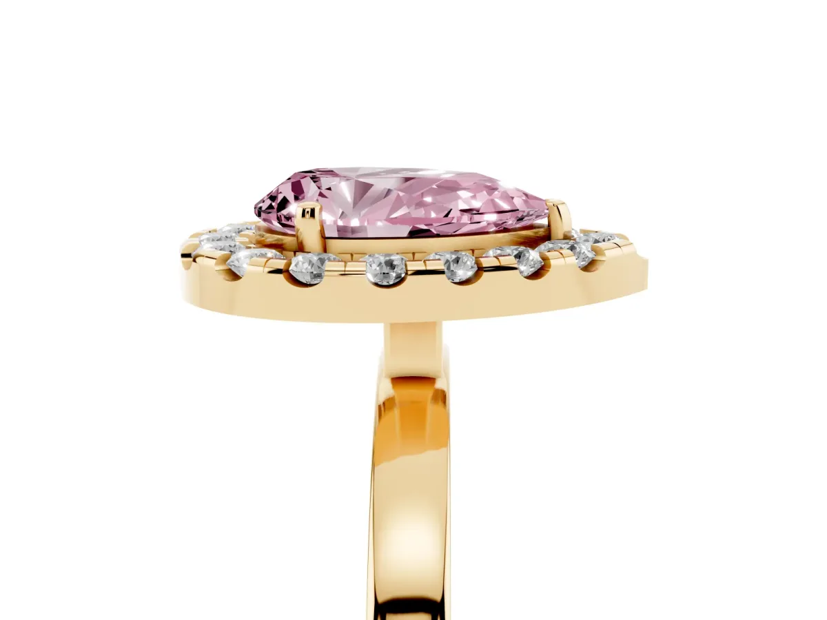 Fancy Pink Pear Cut Halo Diamond Solitaire with Pavé Band and Four-Prong Setting Yellow gold