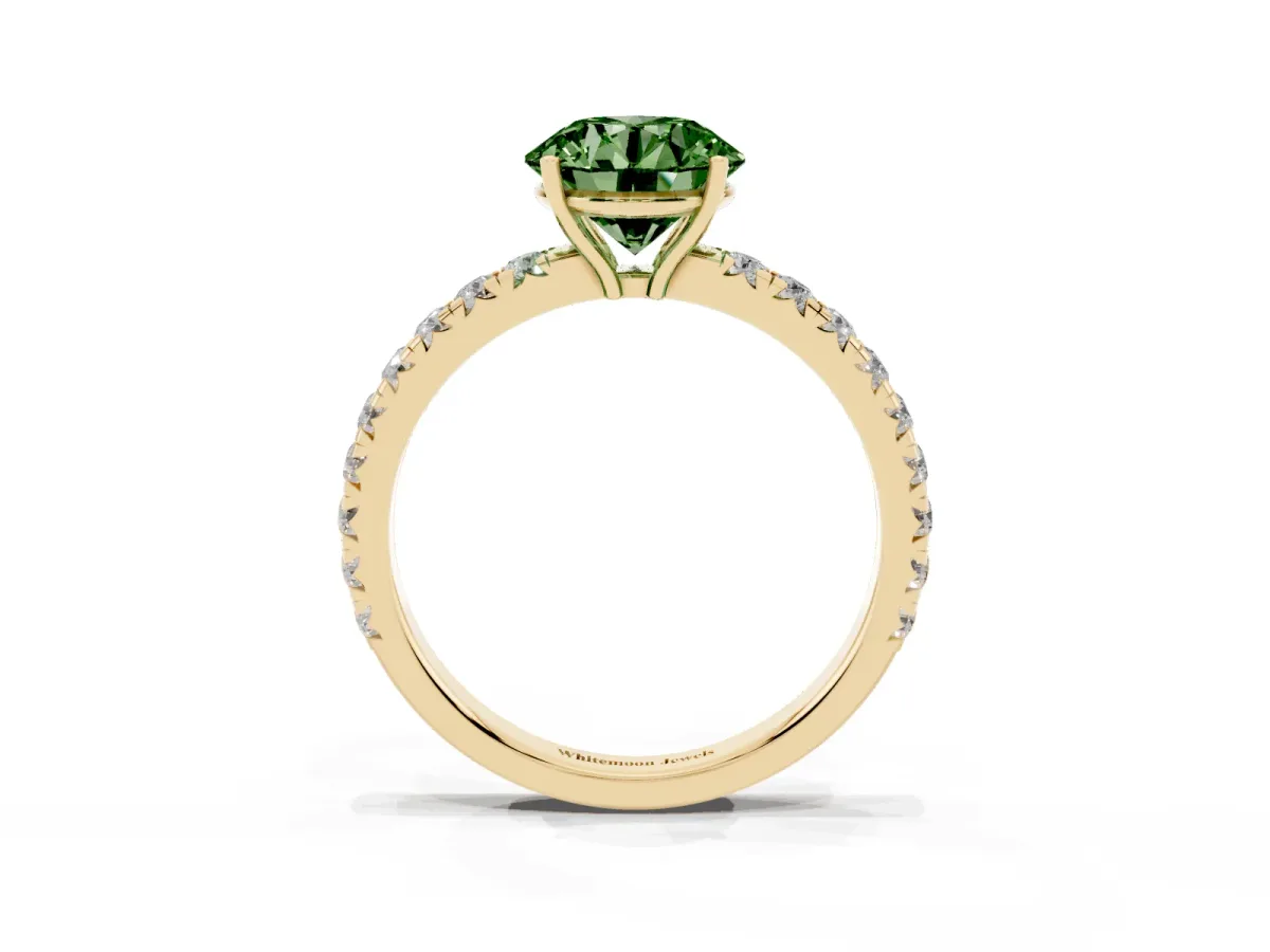 Fancy Green Round Cut Diamond Pavé Solitaire Engagement Ring with Four-Prong Setting Yellow gold
