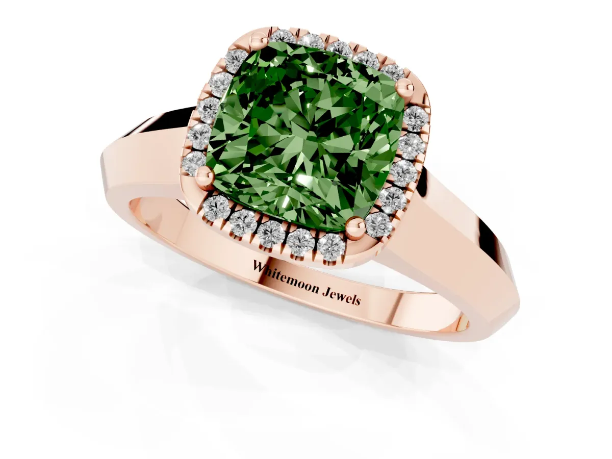 Fancy Green Cushion Cut Halo Diamond Ring with Cathedral Band and Four-Prong Setting Rose gold
