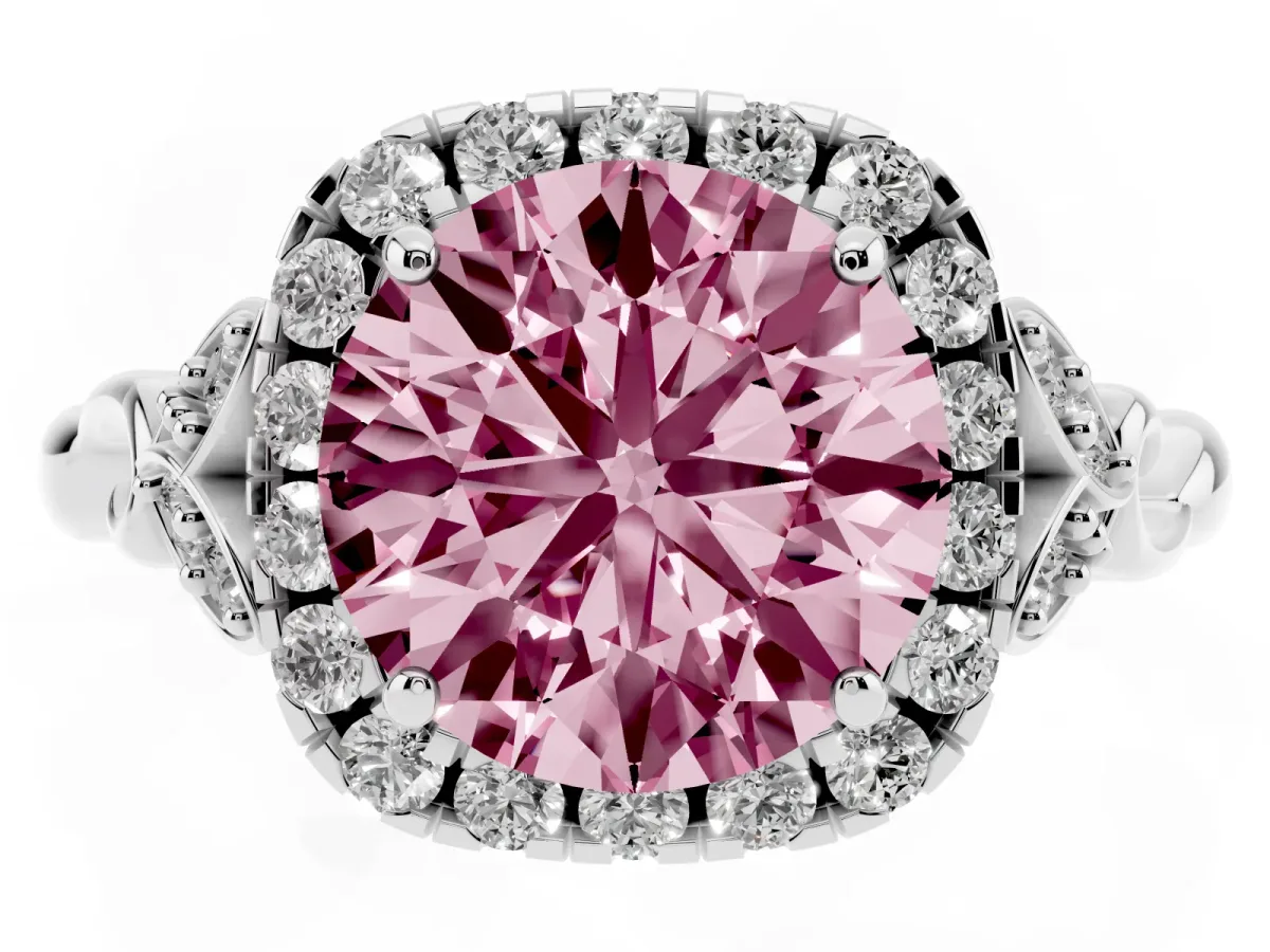 Fancy Pink Round Cut Halo Diamond Engagement Ring with Vintage-Inspired Band and Four-Prong Setting Silver