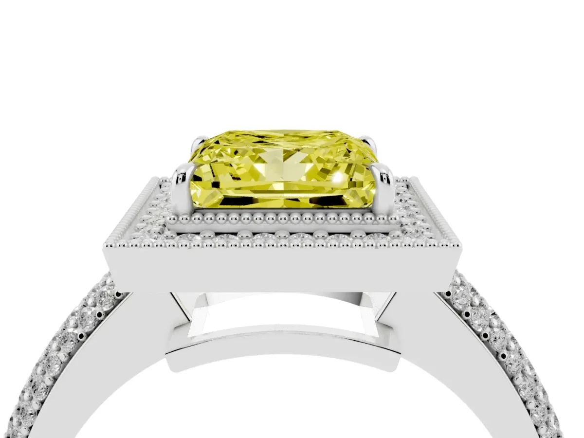 Fancy Yellow Princess Cut Cut Halo Diamond Pave Band with Four-Prong Setting Silver