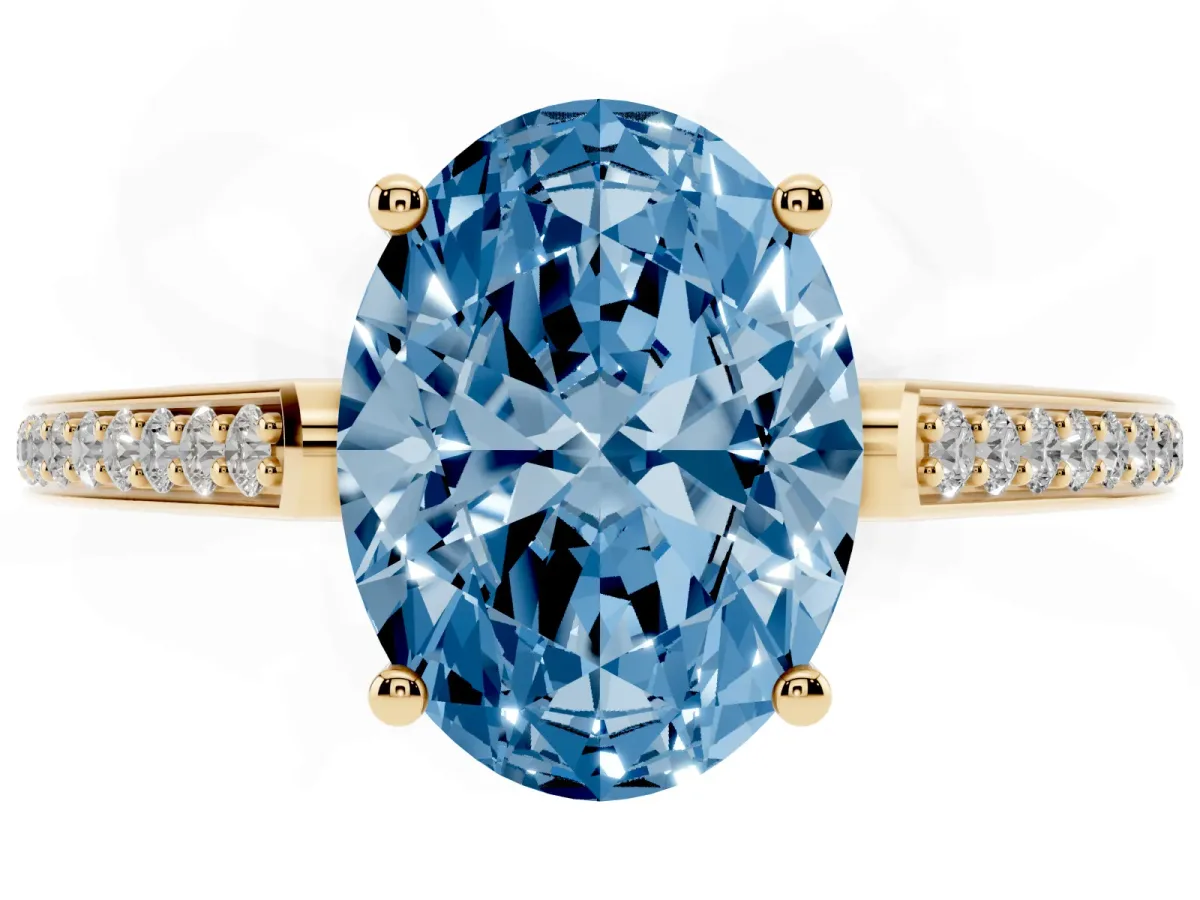 Fancy Blue Oval Cut Cut Cathedral Pave Diamond Engagement Ring with Six-Prong Setting Yellow gold