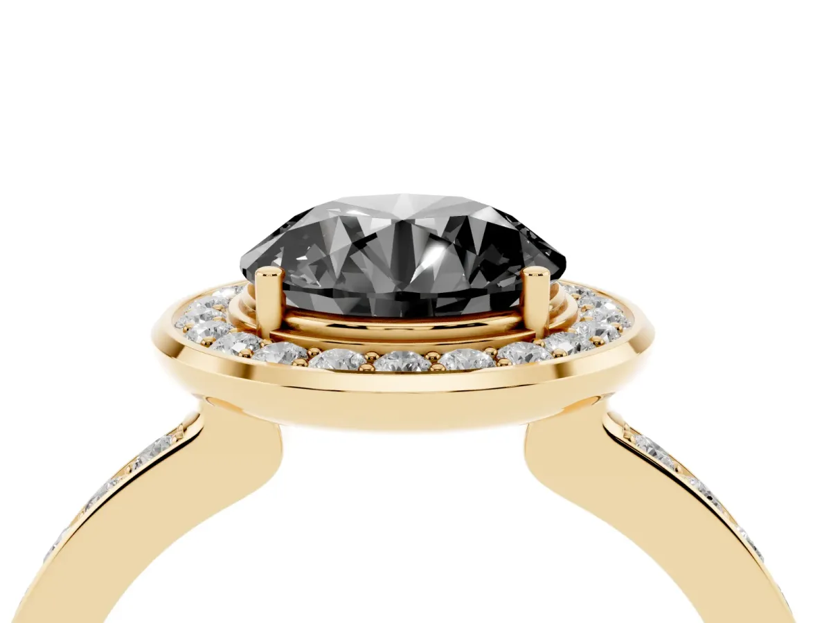 Fancy Black Round Cut Diamond Halo Ring with Bezel Frame and Pavé Band Yellow gold