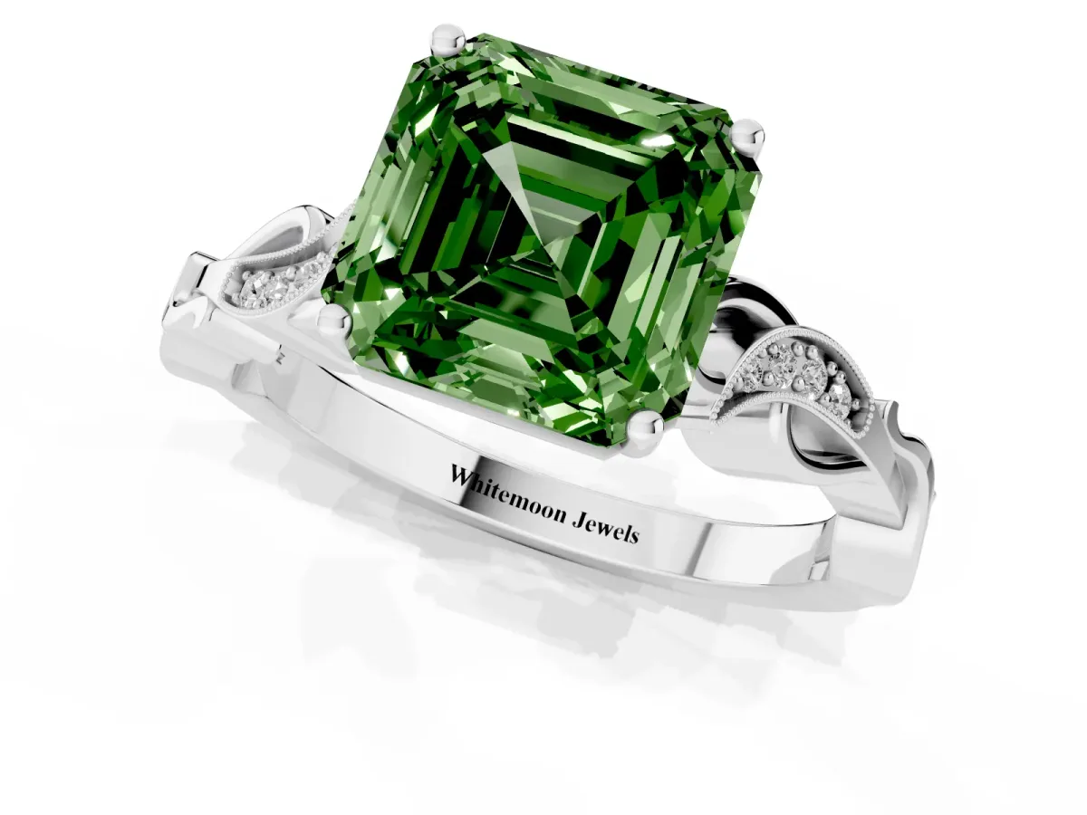 Fancy Green Asscher Cut Solitaire Vine Band with Milgrain Prong Setting Silver