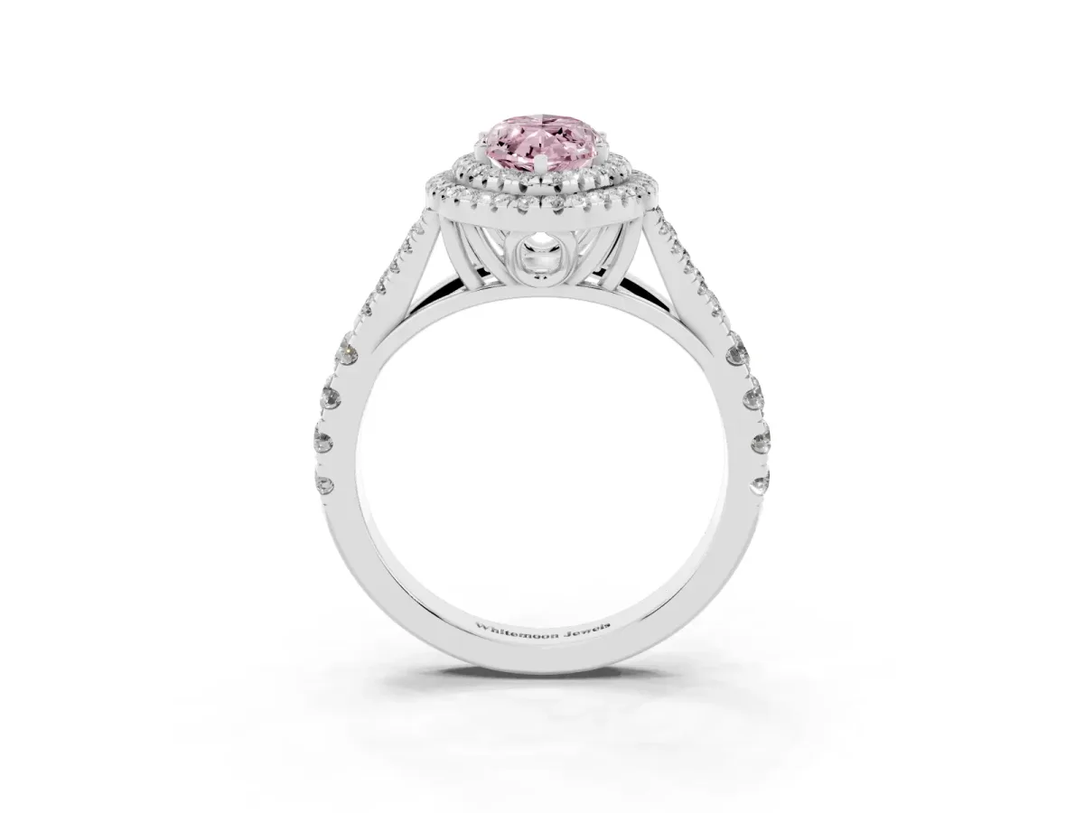 Fancy Pink Double Halo Marquise Cut Diamond Split Shank Engagement Ring with Four-Prong Setting Platinum