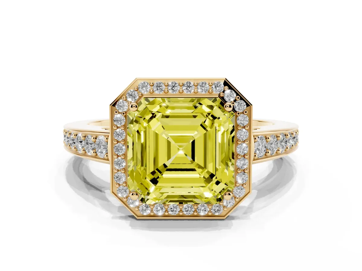 Fancy Yellow Asscher Cut Halo Pavé Diamond Engagement Ring with Bezel Setting Yellow gold