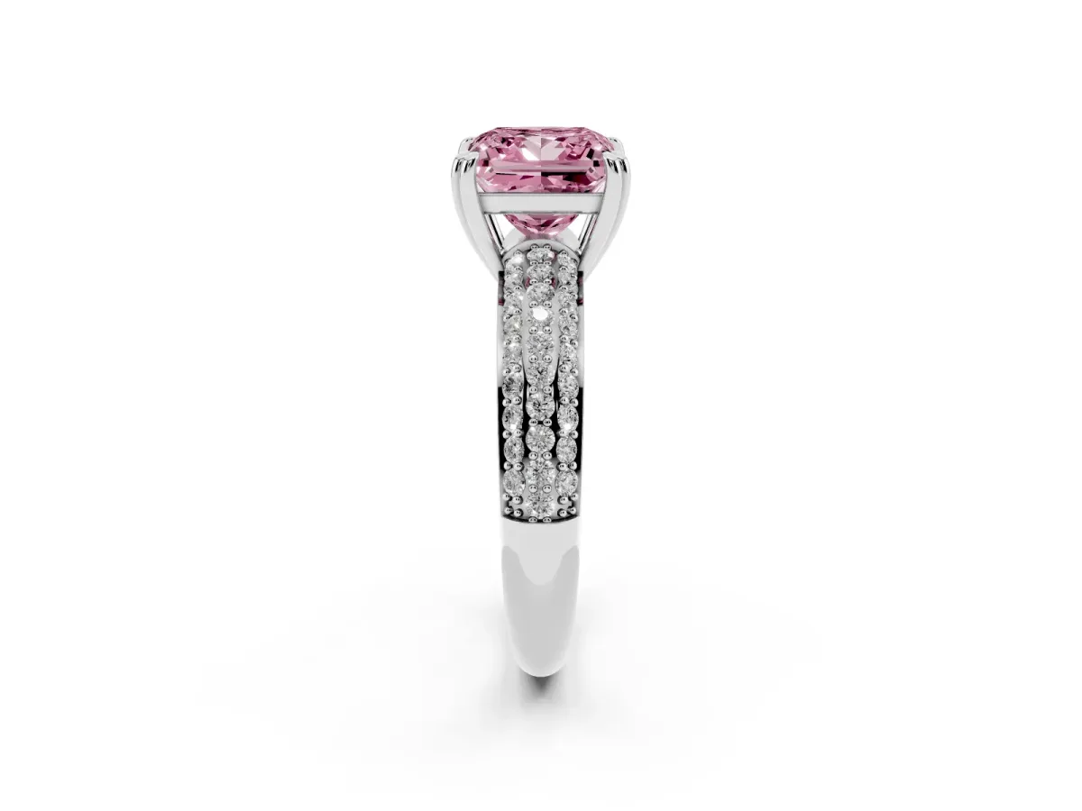 Fancy Pink Princess Cut Diamond Solitaire Ring with Multi-Row Round Pavé Band and Prong Setting Silver