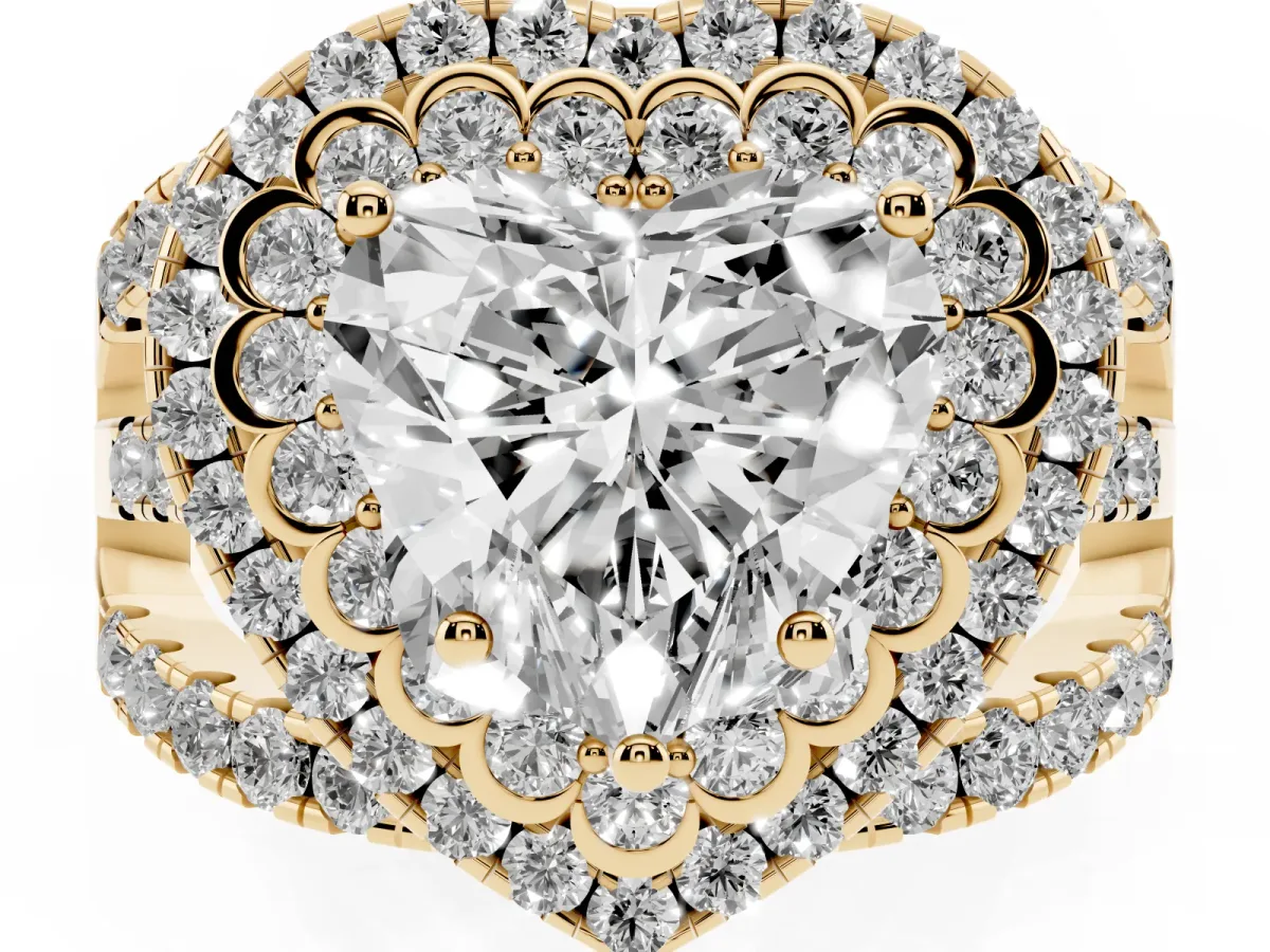 Heart Cut Diamond Double Halo Ring with Round Pavé Split Shank and Prong Setting Yellow gold