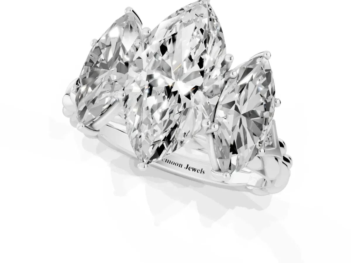 Three-Stone Marquise Cut Diamond Braided Band Ring with Four-Prong Setting Platinum