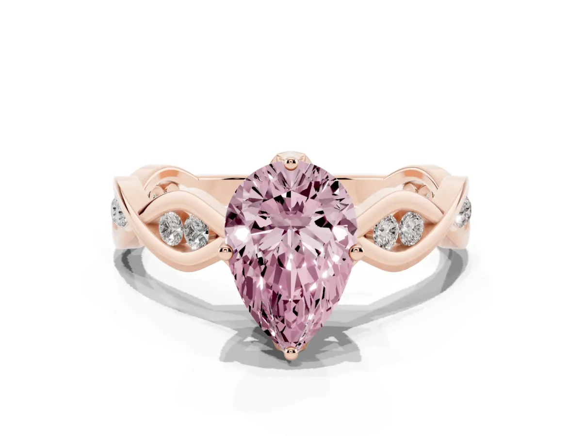 Fancy Pink Pear Cut Solitaire Twist Band with Leaf Prong Setting Rose gold