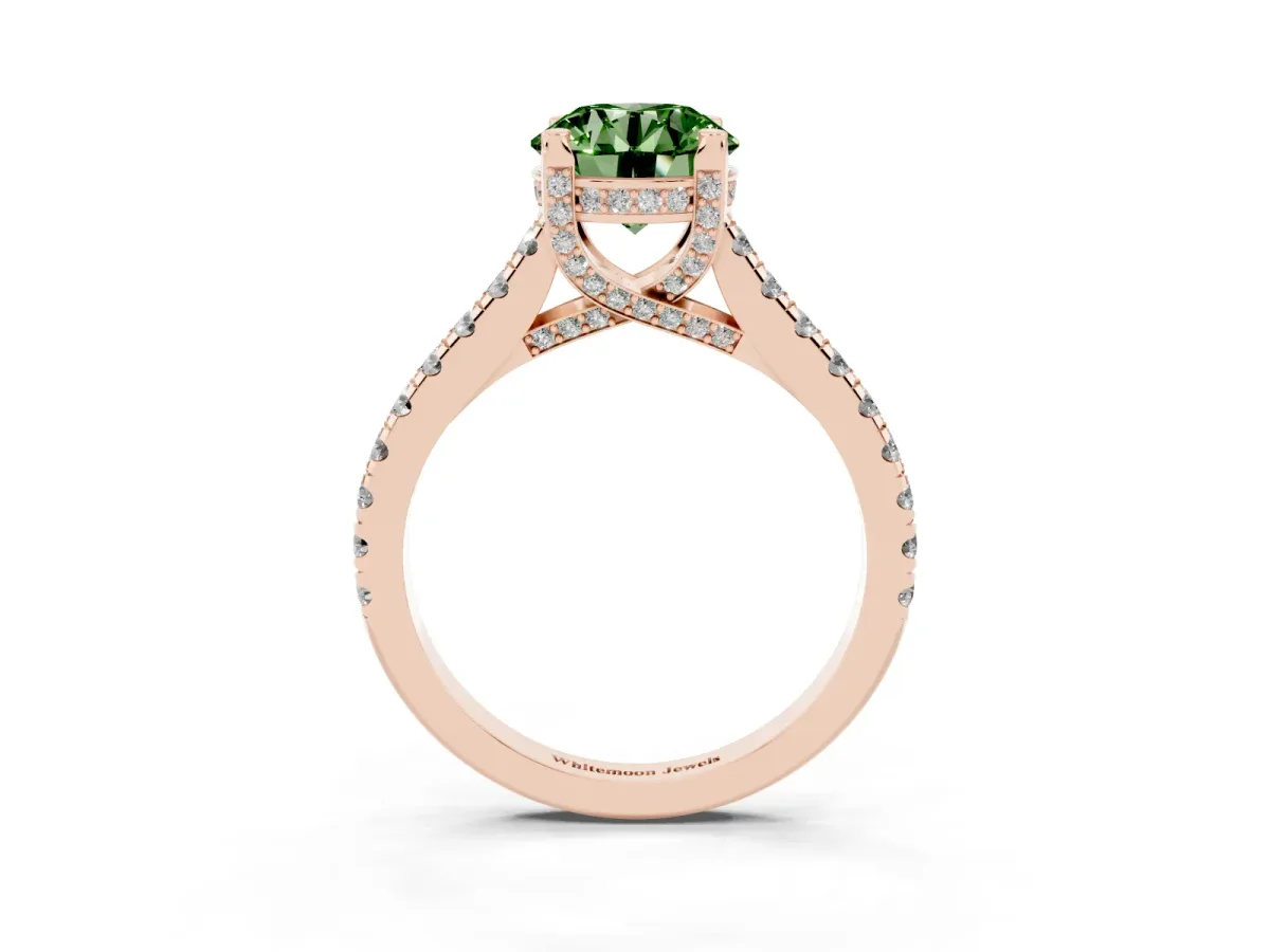 Fancy Green Round Cut Brilliant Diamond Solitaire with Pavé Band and Four-Prong Setting Rose gold
