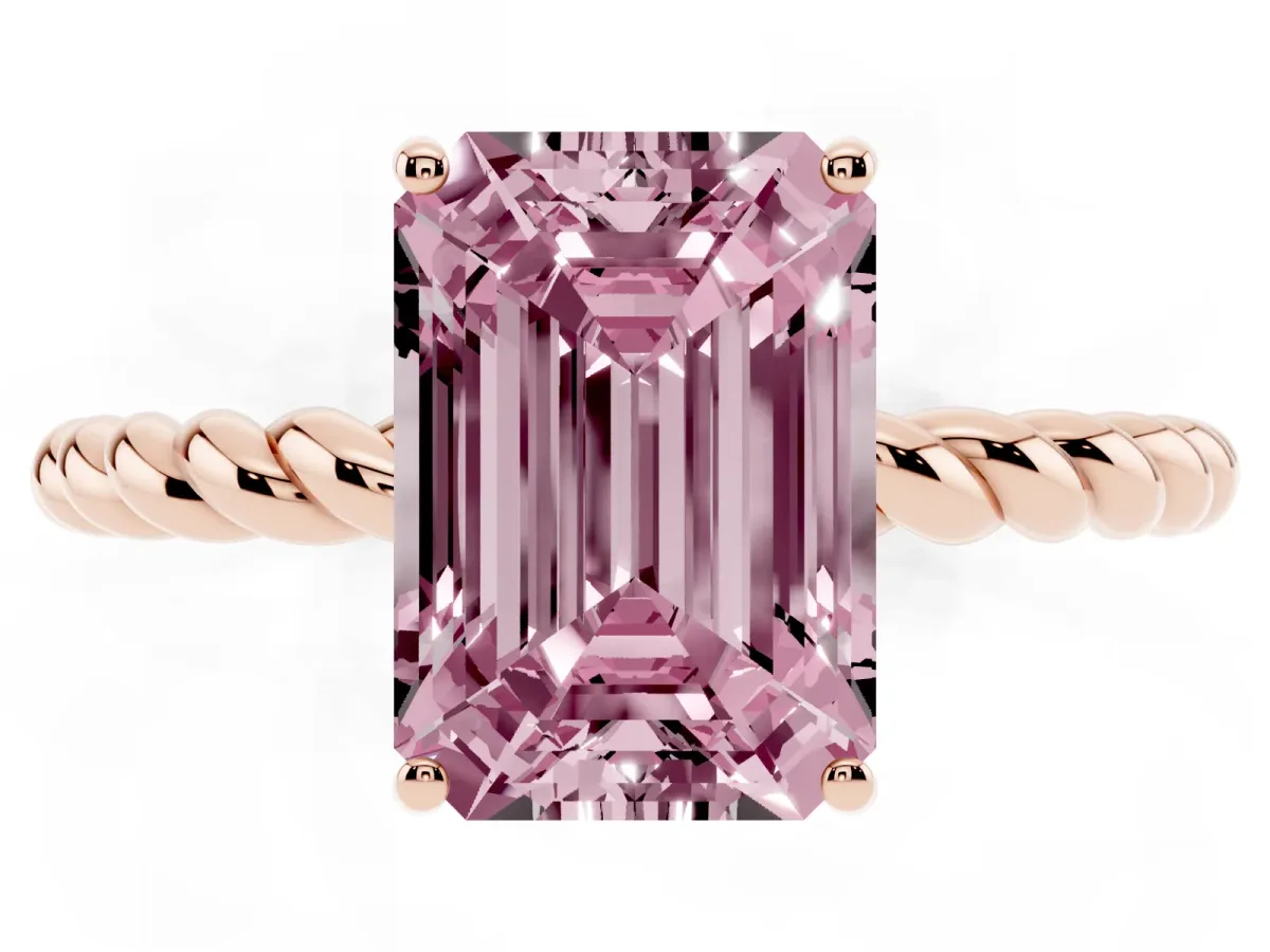 Fancy Pink Emerald Cut Solitaire Twist Band Ring with Four-Prong Setting Rose gold