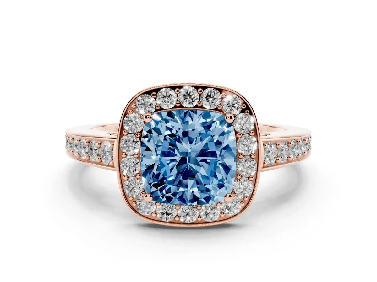 Fancy Blue Cushion Cut Halo Pavé Diamond Engagement Ring with Bezel Setting Rose gold