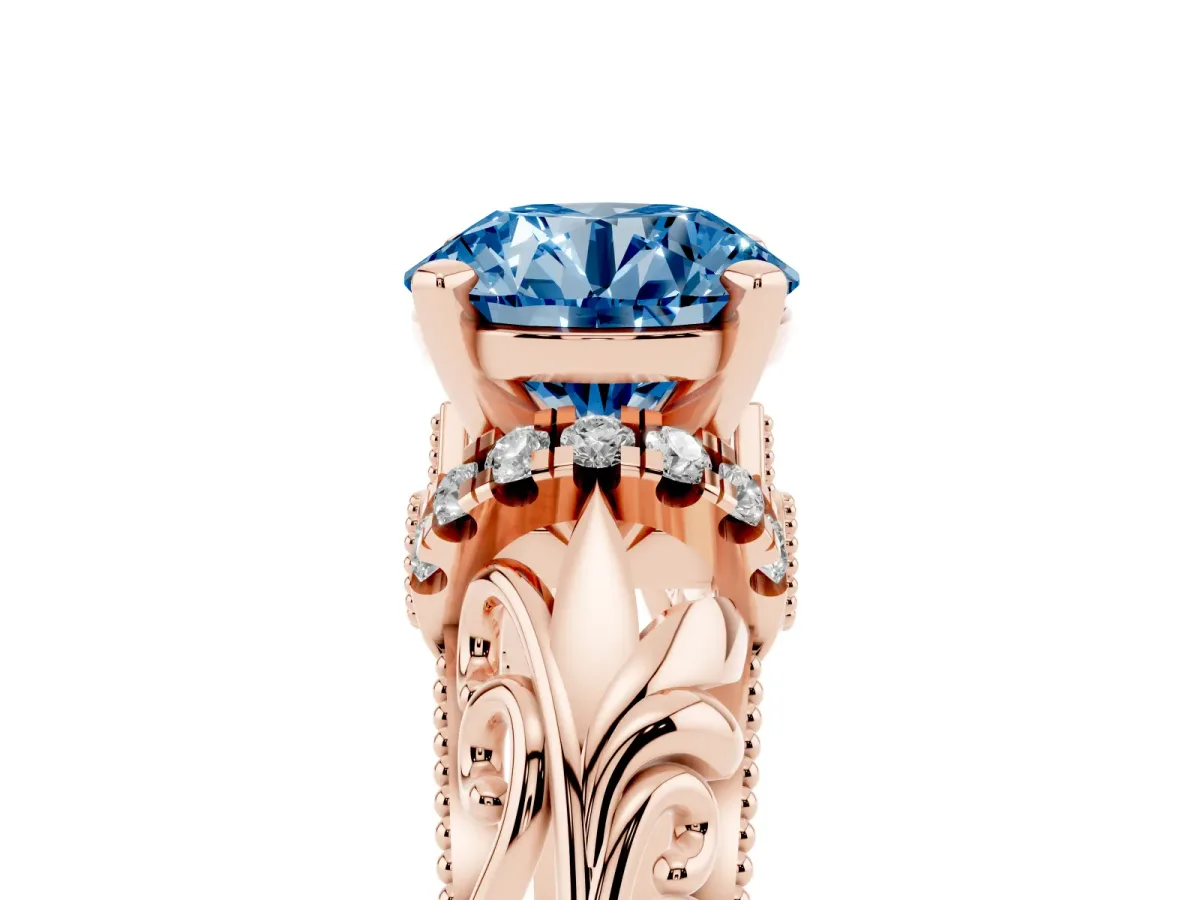 Fancy Blue Round Cut Solitaire Filigree Engagement Ring with Halo and Prong Setting Rose gold