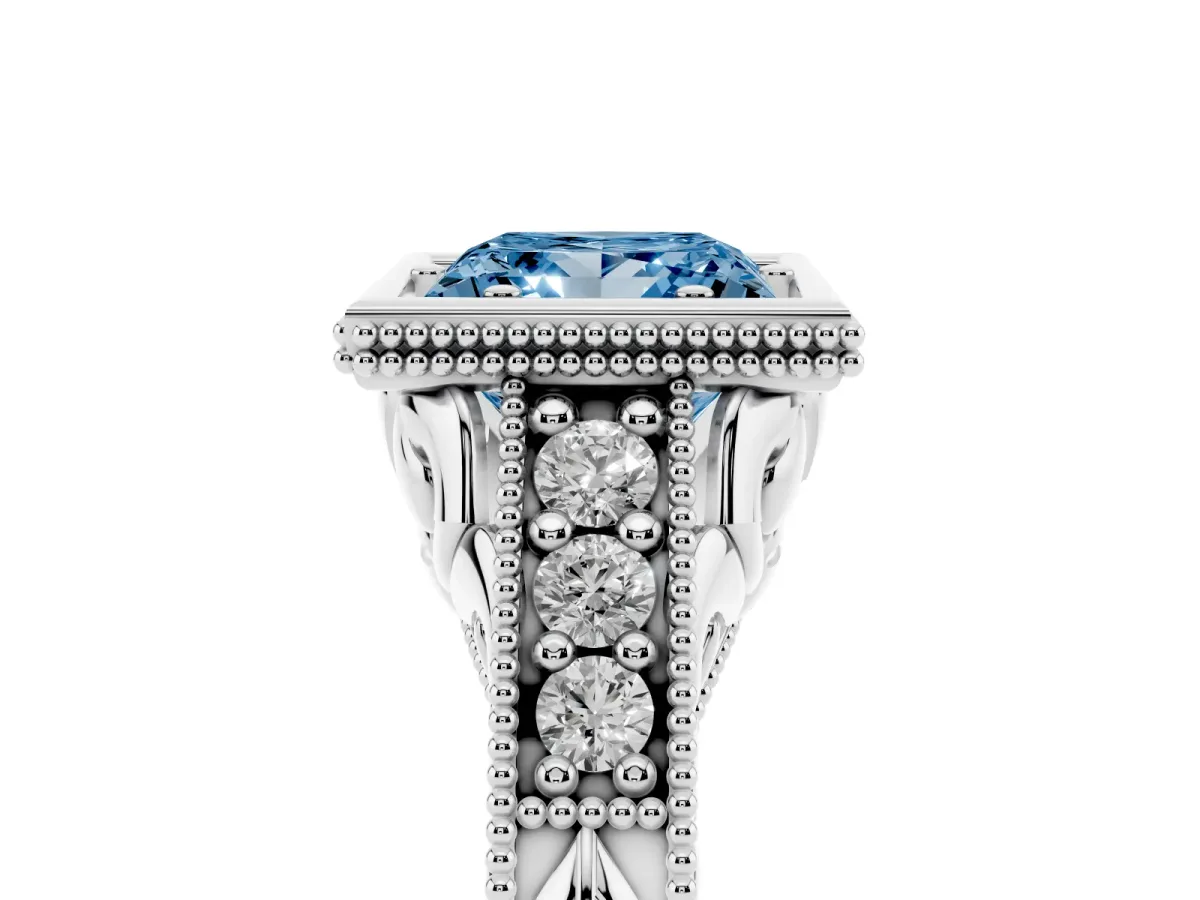 Fancy Blue Bezel Set Princess Cut Diamond Milgrain Pave Engagement Ring Silver