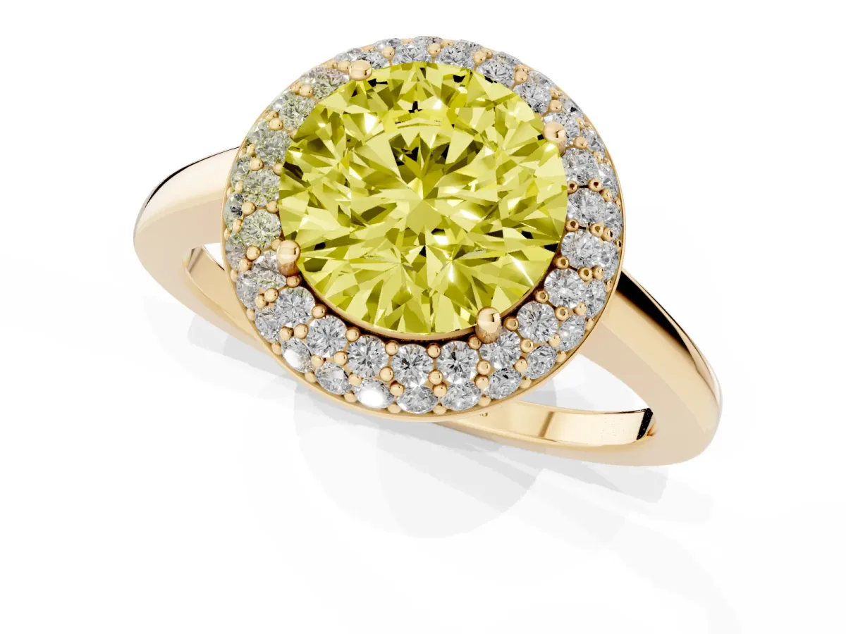 Fancy Yellow Round Cut Halo Diamond Engagement Ring with Solitaire Band and Four-Prong Setting Yellow gold