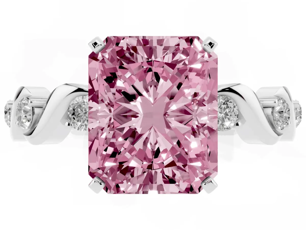Fancy Pink Radiant Cut Diamond Solitaire Twisted Band with Round Accents and Prong Setting White gold