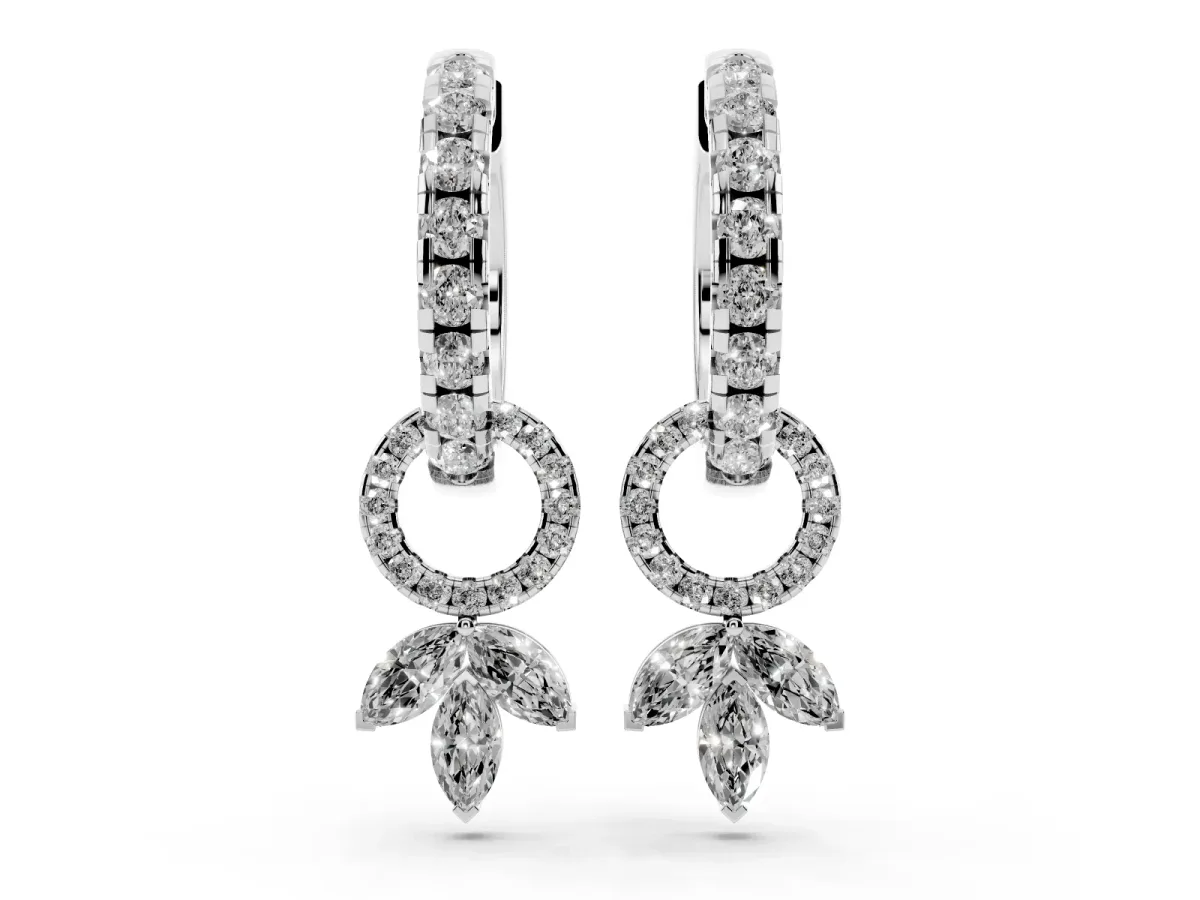 Round and Marquise Diamond Huggie Drop Earrings Silver