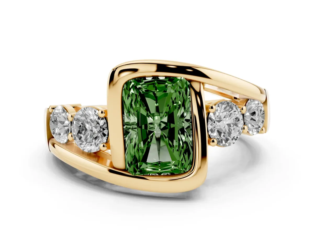 Fancy Green Bezel Set Radiant Cut Diamond Bypass Ring with Round Accents Yellow gold