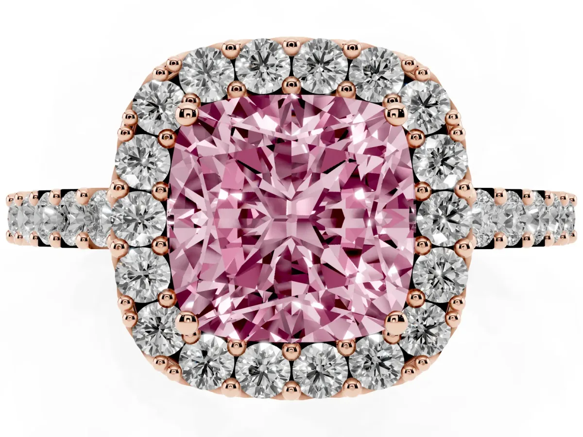 Fancy Pink Cushion Cut Halo Diamond Pavé Solitaire Ring Rose gold