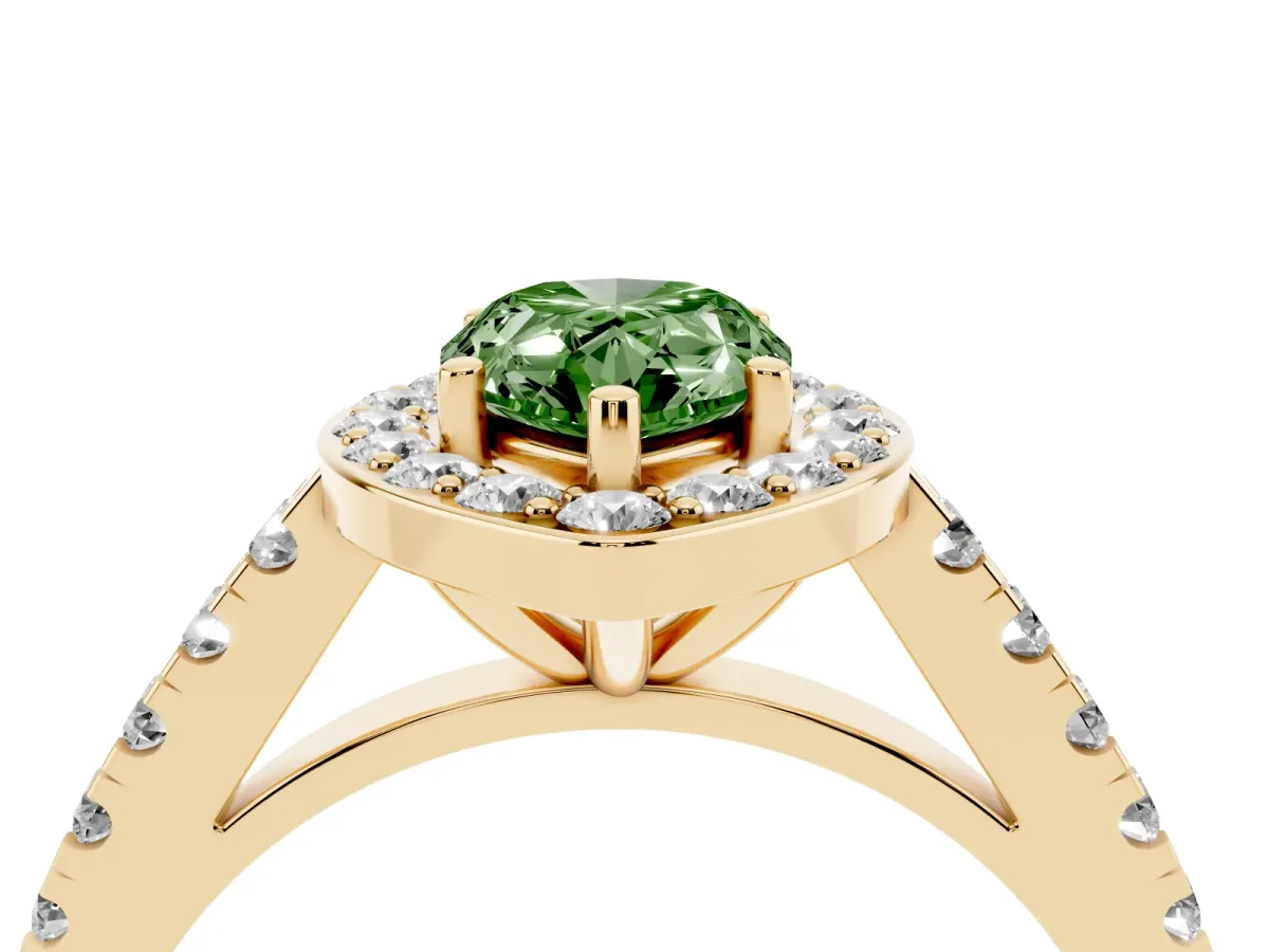 Fancy Green Pear Cut Diamond Halo Ring with Round Pavé Split Shank and Prong Setting Yellow gold