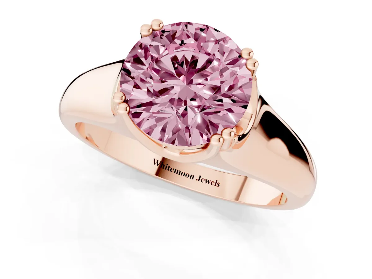 Fancy Pink Round Cut Diamond Solitaire Ring with Wide Band and Prong Setting Rose gold