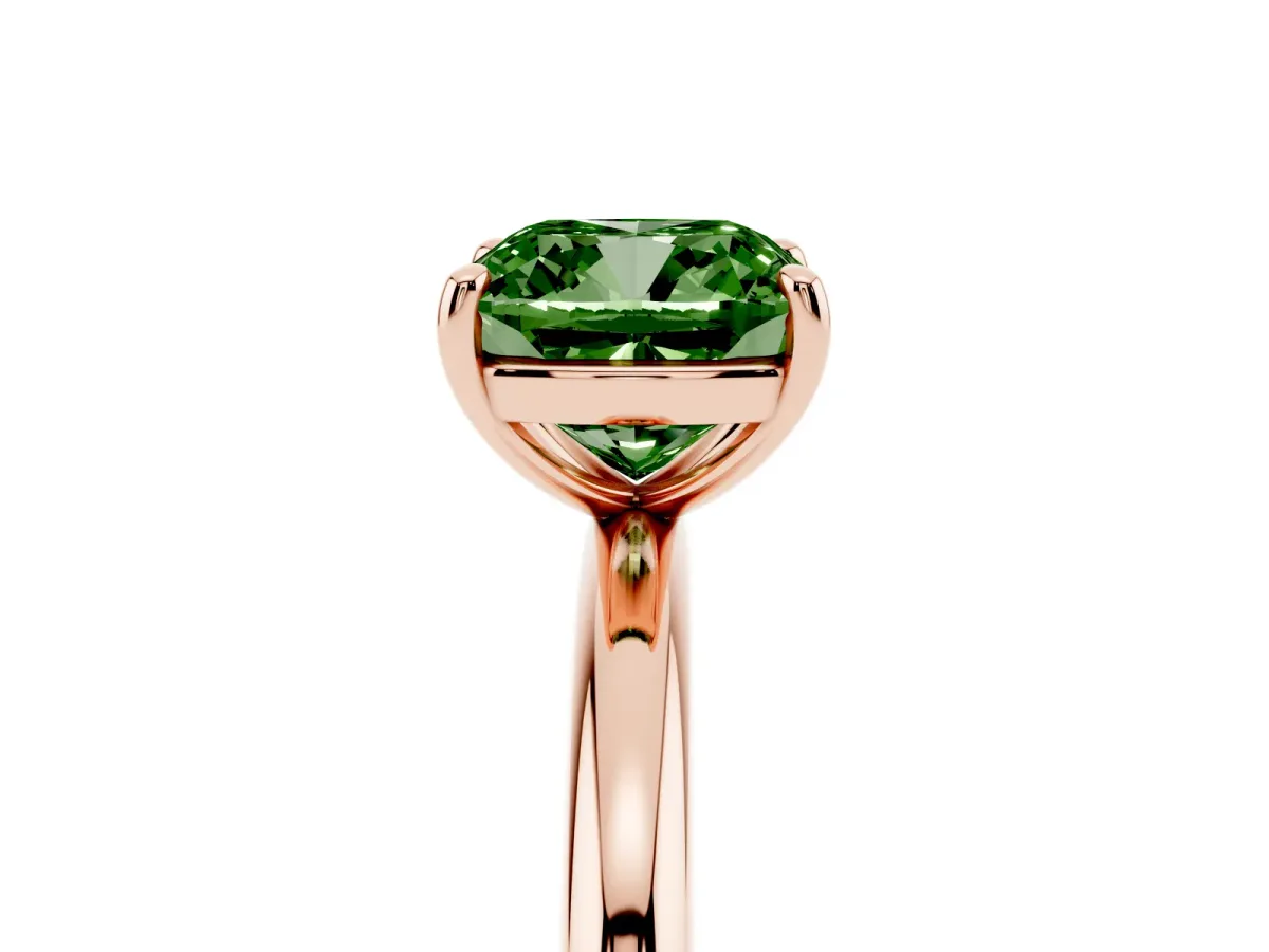 Fancy Green Cushion Cut Solitaire Diamond Ring with Four-Prong Setting on a Plain Band Rose gold