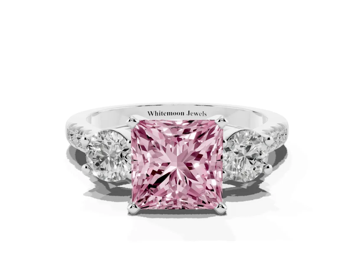Fancy Pink Three-Stone Princess Cut Diamond Pavé Band with Four-Prong Setting Silver