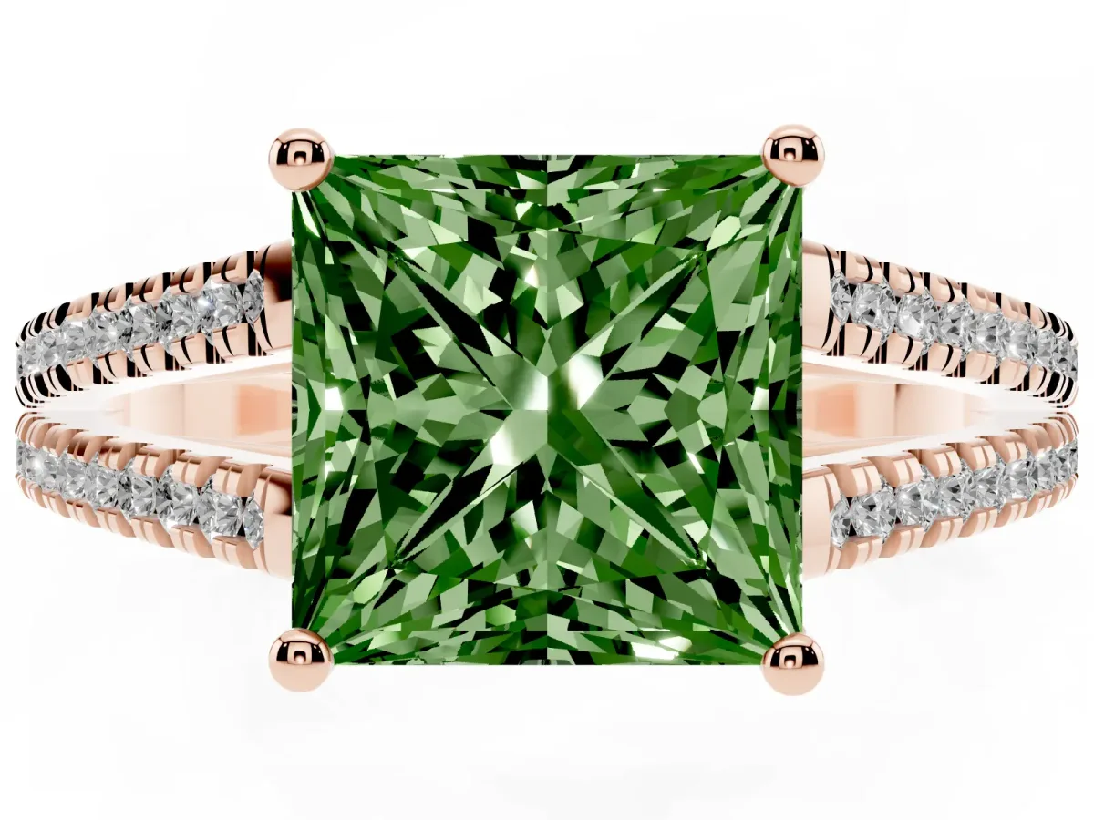 Fancy Green Princess Cut Diamond Solitaire Engagement Ring with Split Shank Pavé Band Rose gold
