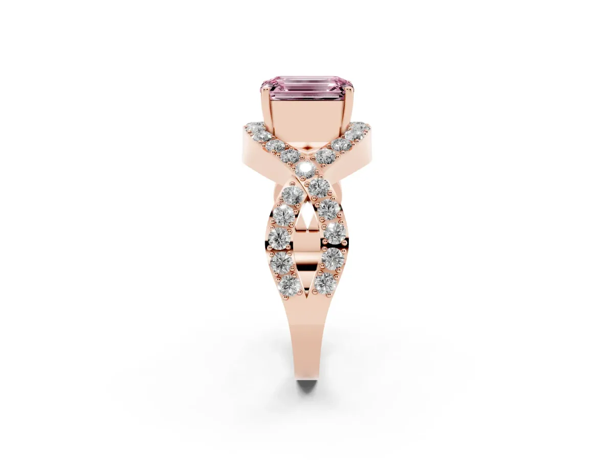 Fancy Pink Emerald Cut Solitaire Twist Band Pavé Diamond Engagement Ring Rose gold