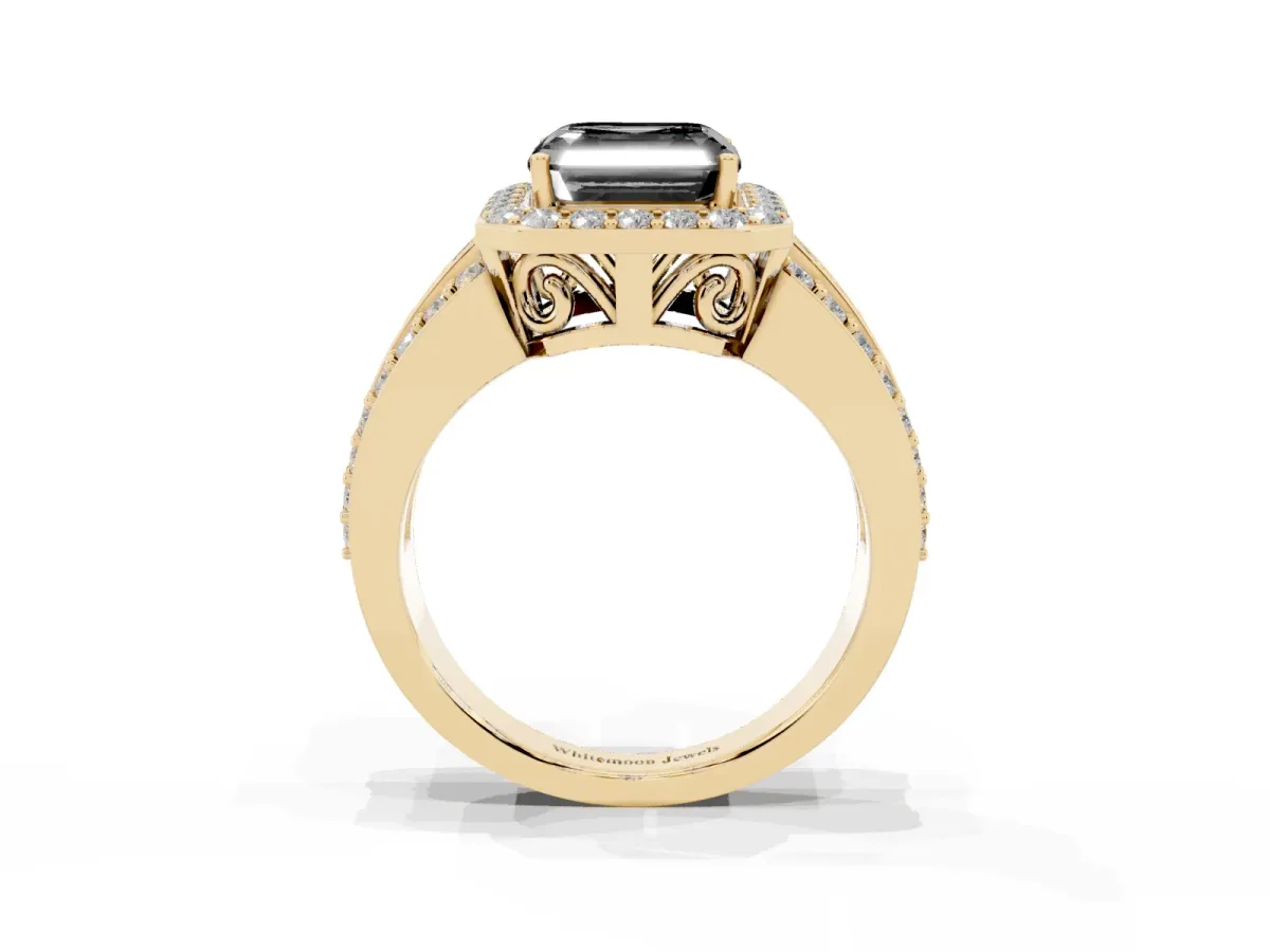 Fancy Black Asscher Cut Halo Diamond Ring with Round Split Shank and Prong Setting Yellow gold