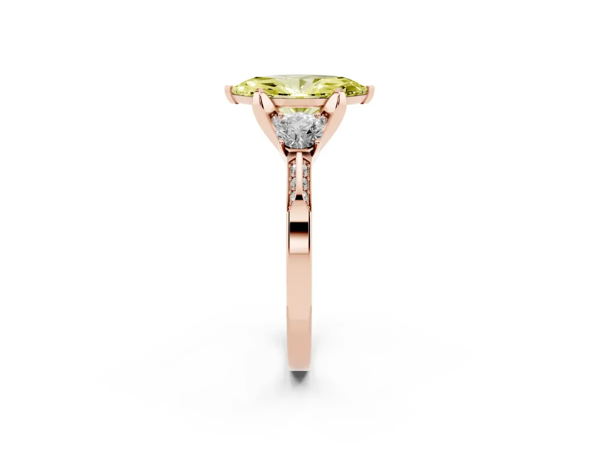 Fancy Yellow Marquise Cut Brilliant Three-Stone Diamond Ring with Pavé Band and Four-Prong Setting Rose gold