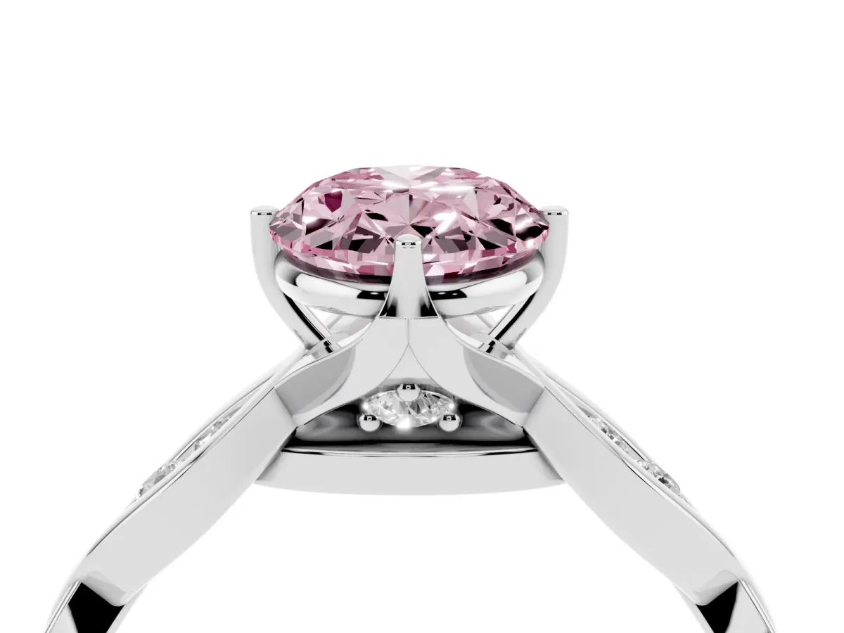 Fancy Pink Oval Cut Solitaire Twist Band with Leaf Prong Setting Silver