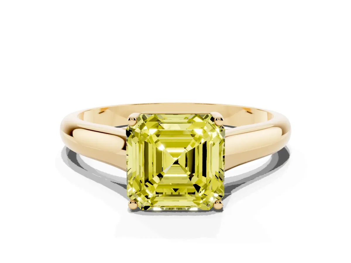 Fancy Yellow Asscher Cut Solitaire Engagement Ring with Tapered Band and Four-Prong Setting Yellow gold