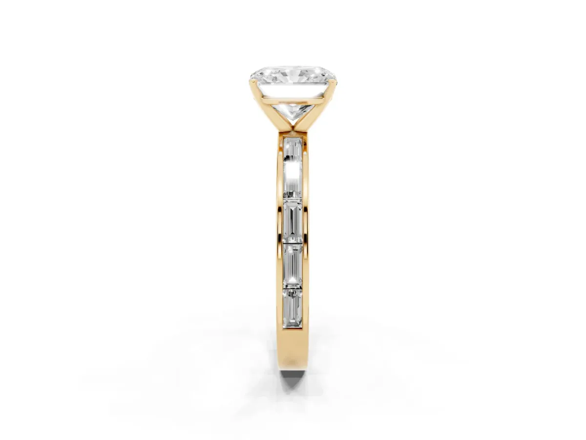 Radiant Cut Solitaire Diamond Ring with Channel-Set Baguette Band and Four-Prong Setting Yellow gold