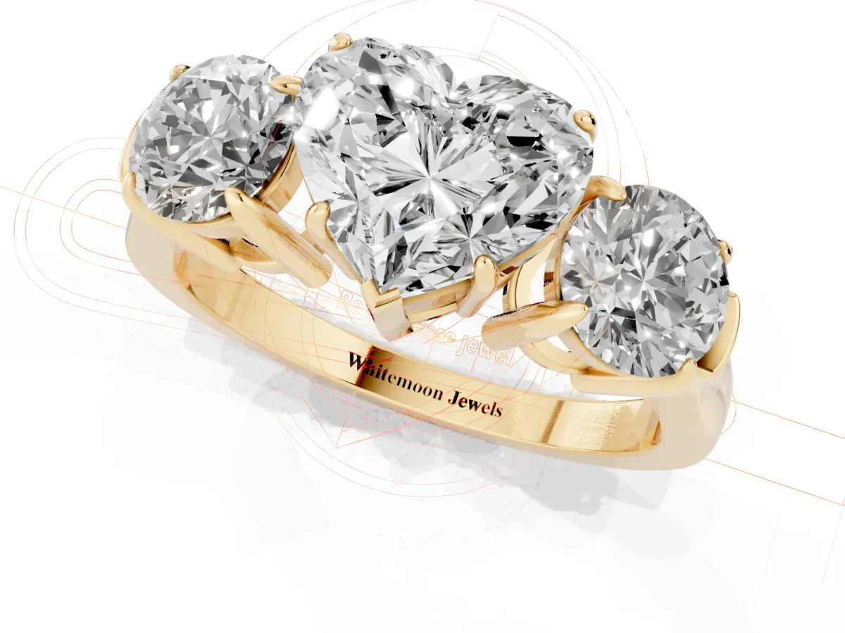 Three-Stone Heart Cut Cut Diamond Ring with Round Accent Stones, Prong Setting, and Classic Band Yellow gold