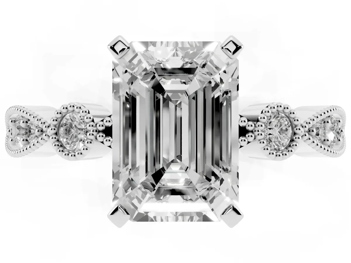 Emerald Cut Milgrain Bezel Diamond Engagement Ring with Solitaire Prong Setting Silver