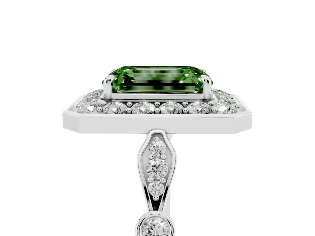 Fancy Green Emerald Cut Halo Diamond Engagement Ring with Twisted Band and Four-Prong Setting White gold