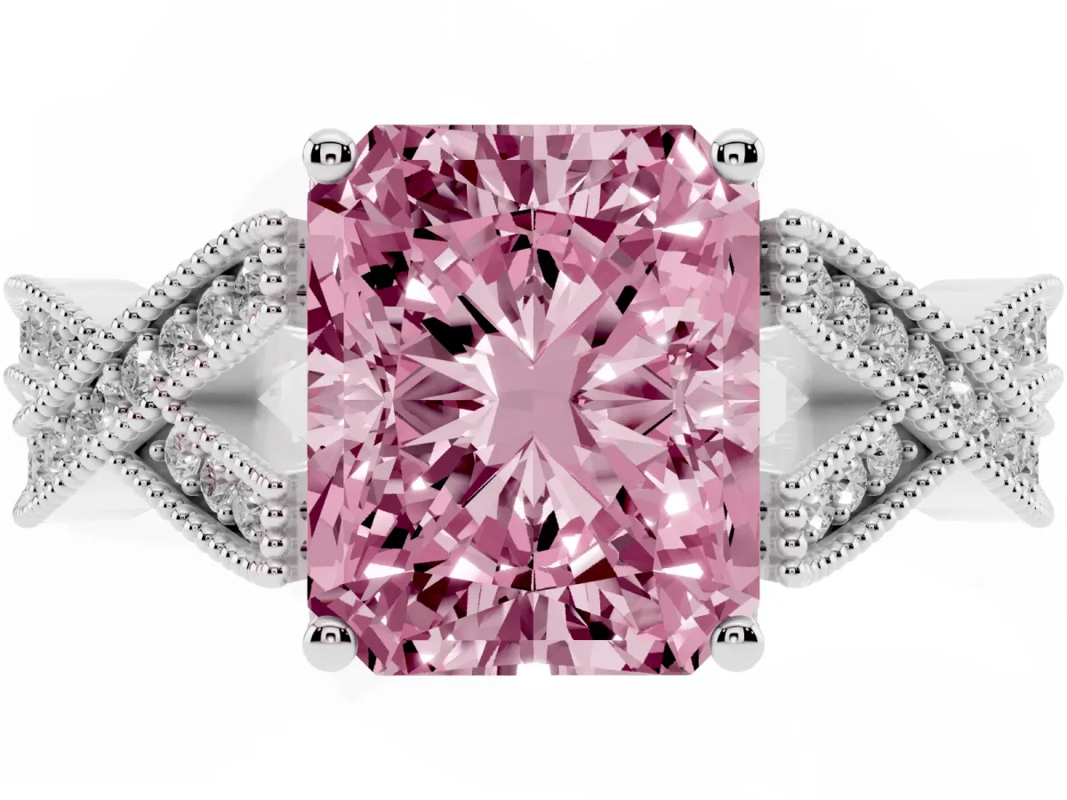 Fancy Pink Radiant Cut Cut Diamond Twisted Band with Milgrain Pave Setting and Four-Prong Setting White gold