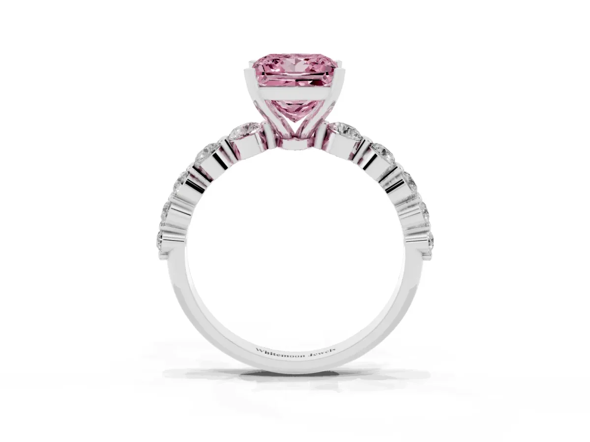 Fancy Pink Princess Cut Solitaire Diamond Ring with Pave Band and Four-Prong Setting Silver