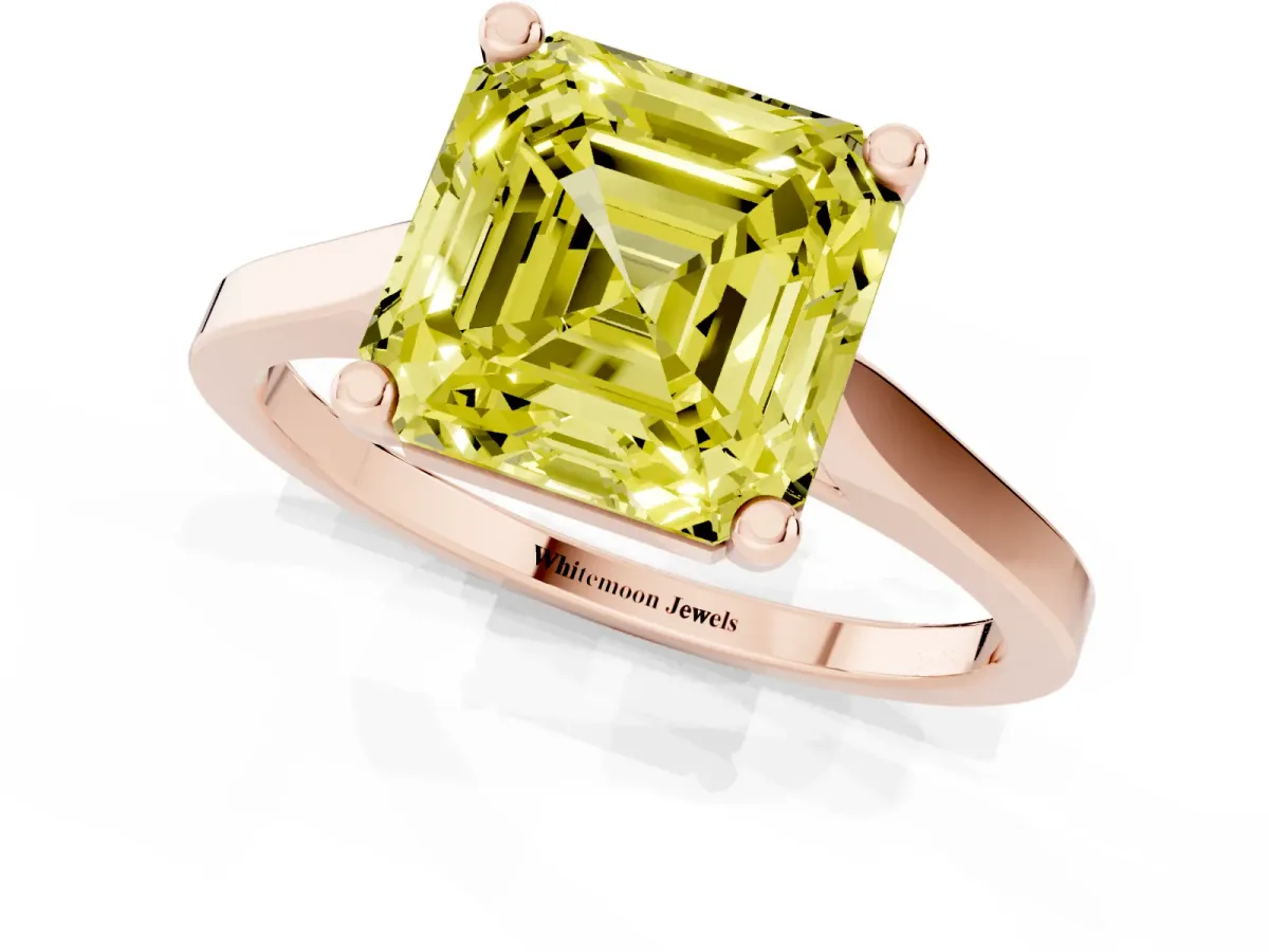 Fancy Yellow Asscher Cut Solitaire Diamond Ring with Four-Prong Setting and Tapered Band Rose gold