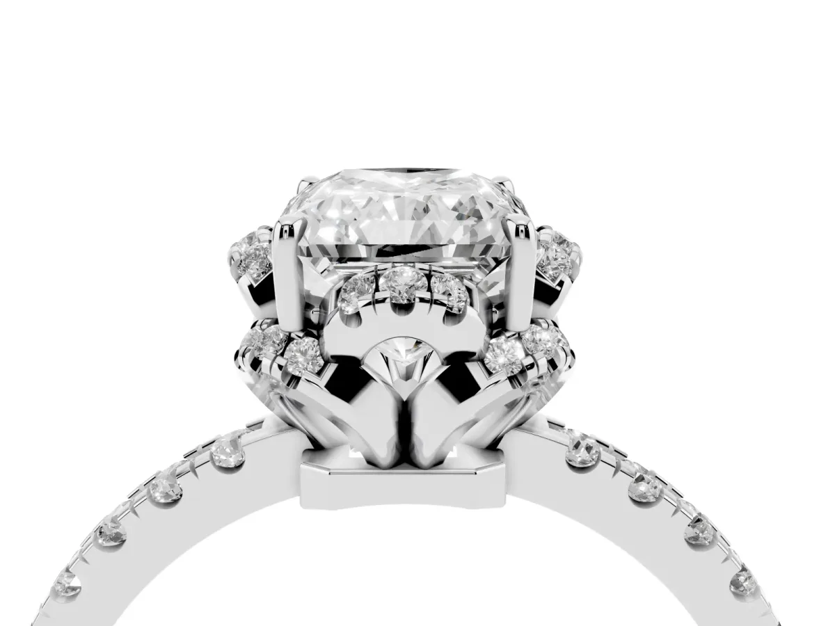 Radiant Cut Halo Diamond Pave Band Ring with Four-Prong Setting Silver