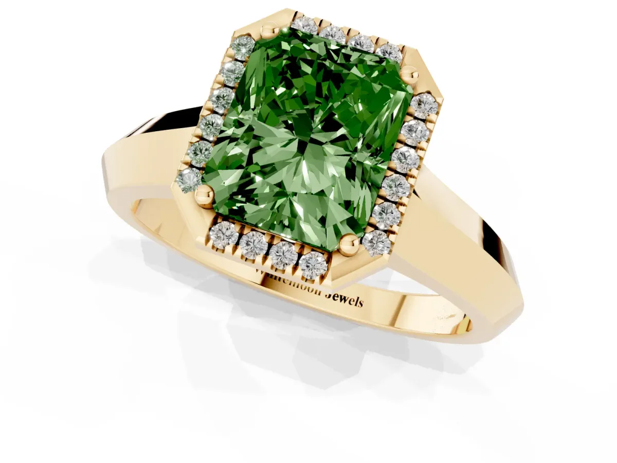 Fancy Green Radiant Cut Halo Diamond Ring with Cathedral Band and Four-Prong Setting Yellow gold