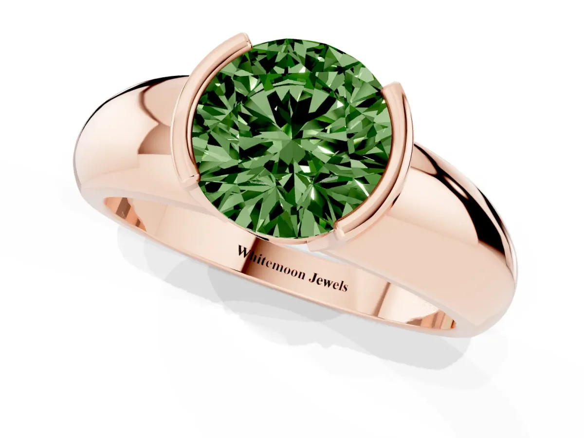 Fancy Green Round Cut Solitaire Tension Set Diamond Ring with Wide Band Rose gold